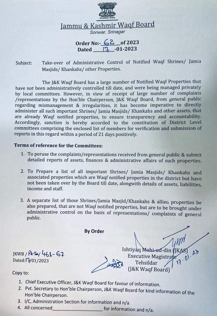 J-K Waqf Board initiates process for take-over of notified Waqf Properties Asian News Hub