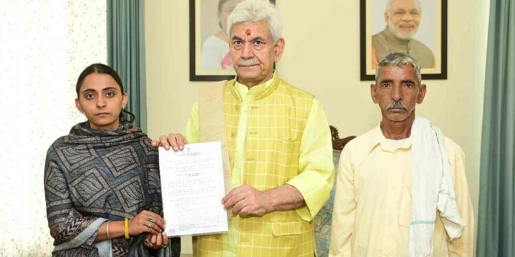 LG Manoj Sinha Hands Over Appointment Letter to Sister of Bus Conductor Martyred in Reasi Terror Attack LG Manoj Sinha Hands Over Appointment Letter to Sister of Bus Conductor Martyred in Reasi Terror Attack
